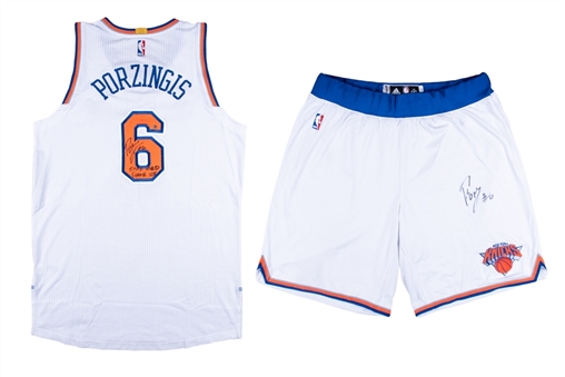 2015-16 Kristaps Porzingis Game Used & Signed New York Knicks Home Uniform - Jersey and Shorts - Rookie Season (Steiner)